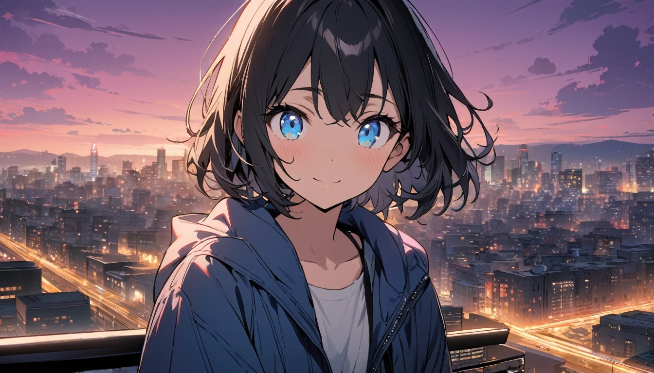 1girl, solo, blue eyes, (detailed eyes), flat chest, blue eyes, (detailed eyes), gentle smile on her face, short hair, black hair, ((masterpiece, illustration, best quality)), Beautiful modern girl in a blue coat Wear sunglasses Behind is the cityscape in the evening. There are twinkling lights of the city amidst the blue, blue, and purple sky. Cool girls stand on high balconies or bridges. Looking out at the city with a confident and calm expression. The colors of the picture emphasize the dramatic tone.