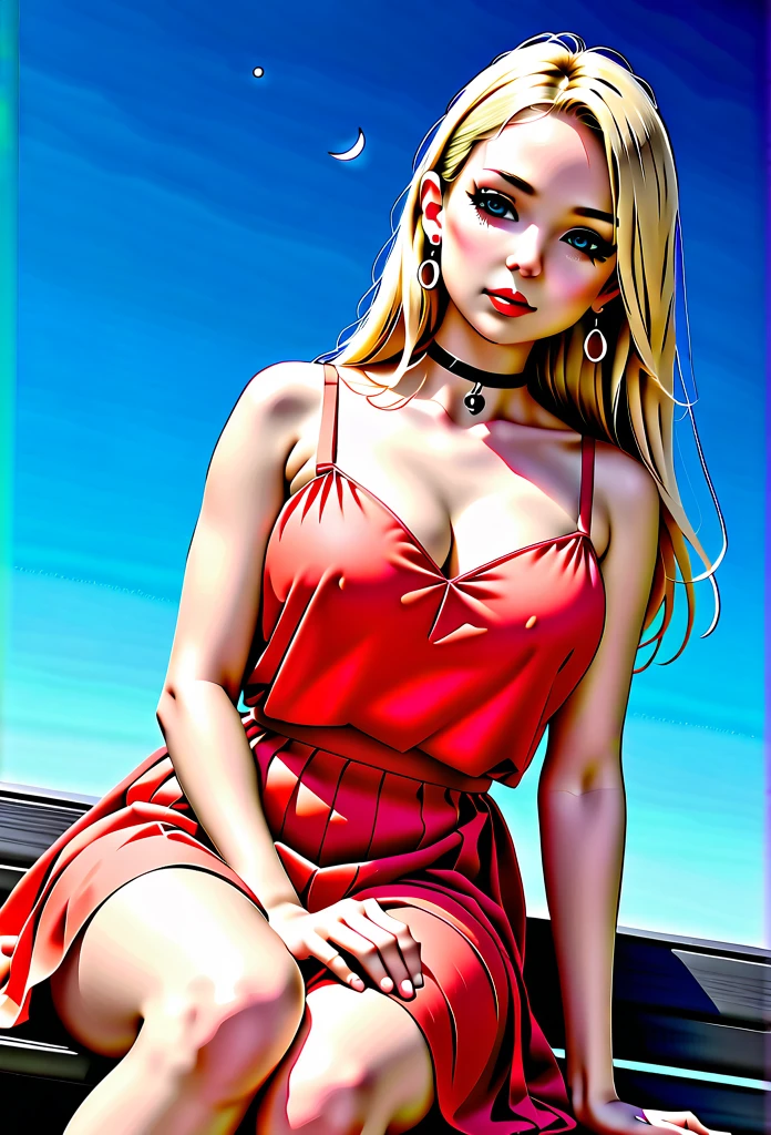 1 girl, fair_skin, blue_eyes, white long hair, wearing a red summer dress, night with stars on the sky, looking at viewer, lower angle, wearing a black choker around her neck, wearing diamond earrings, soft skin, beautiful eyelashes, realistic background, sitting on a bench