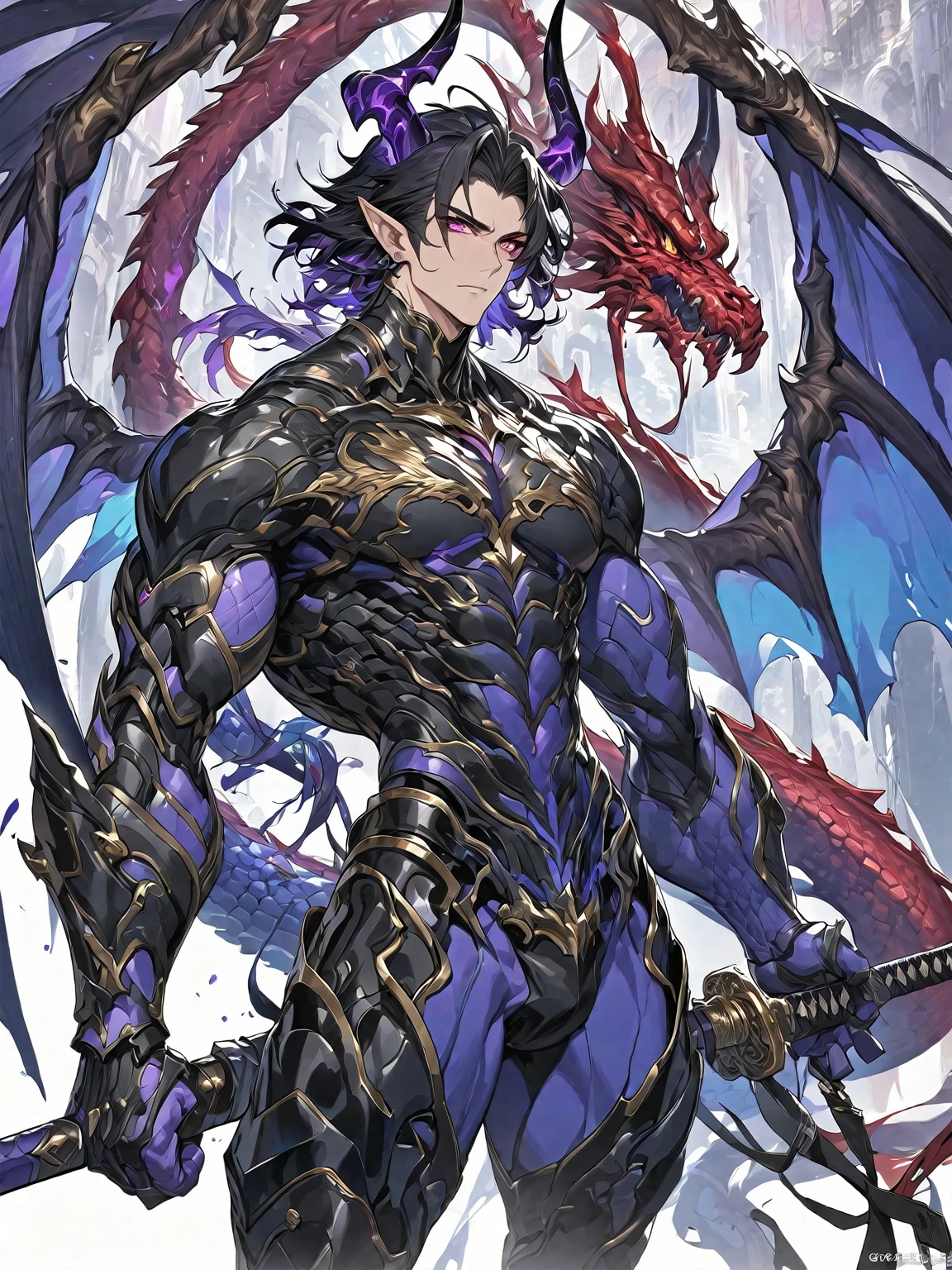 Best quality 8K resolution, Highly detailed, Digital Painting, Concept art, of the highest quality, One, beautiful, 1 man, adult man, with a sporty body, V-shaped body, black detailed armor with glowing purple details, black demonic horns, with large and long dragon wings, short hair, black hair, purple with red tones reptile eyes, a man has a huge and long katana in his hand, Against the background of war