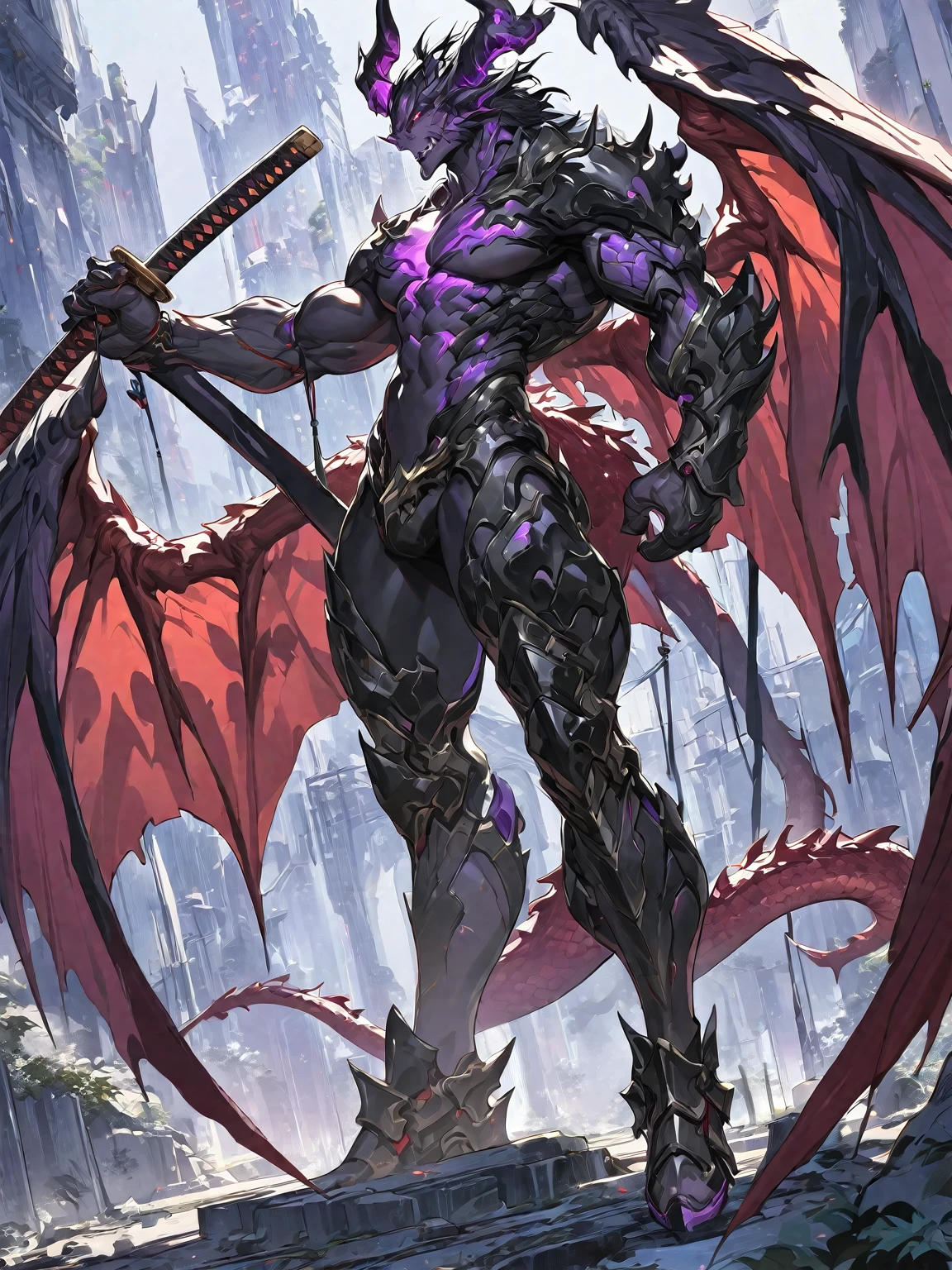 Best quality 8K resolution, Highly detailed, Digital Painting, Concept art, of the highest quality, One, beautiful, 1 man, adult man, with a sporty body, V-shaped body, black detailed armor with glowing purple details, black demonic horns, with large and long dragon wings, short hair, black hair, purple with red tones reptile eyes, a man has a huge and long katana in his hand, Against the background of war