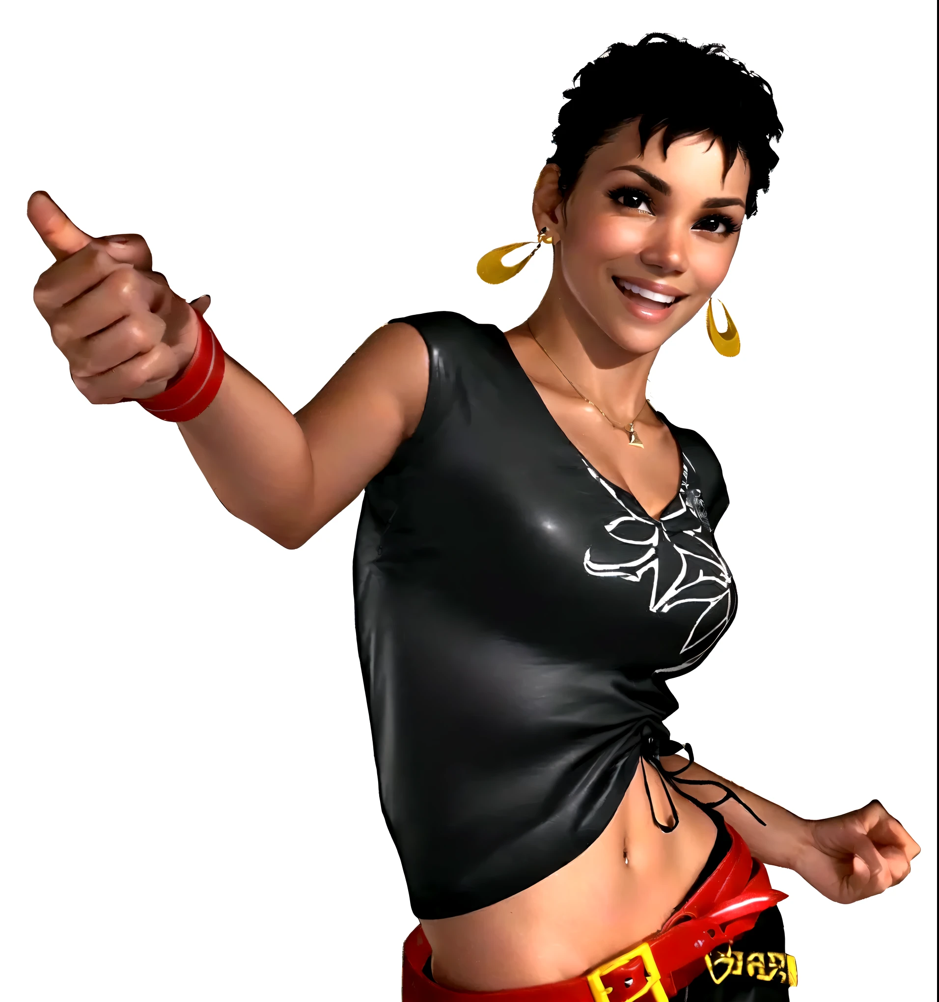 she's black, black hair, dark brown eyes, (eyes turned to look at the camera), swedish, as a character in Out Run 2, of SEGA, 3D CG from the 2000s, Holly, 2k, 2 k, ((smiling face)), realistic, render of halle berry, fighting game character, nina from tekken, bright clean face, from devil may cry, wide open curious eyes, carefree pose, black leather shirt with black and white flower art on it, simple golden necklace and earrings, right thumb up, red belt, red wristband, smiling open mouth as to say "yeah!"