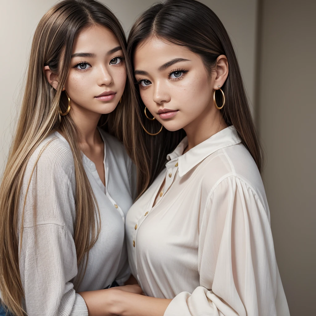 A young 19-year-old woman named Lila Nakamura with a Northern European heritage. She has thick dark black eyeliner, glossy lips, and a cute, endearing expression. She has straight, blonde hair that falls just past her shoulders, styled in a neat and polished manner. Her eyes are almond-shaped with a light, striking blue color, accentuated by subtle eyeshadow and mascara. Her skin has a light tone with a natural, fresh look, and she has a few delicate freckles across her nose. She is wearing a simple, professional outfit, consisting of a white blouse and dark jeans, and accessorized with small gold hoop earrings. The background is a neutral studio setting with soft lighting to highlight her features.
