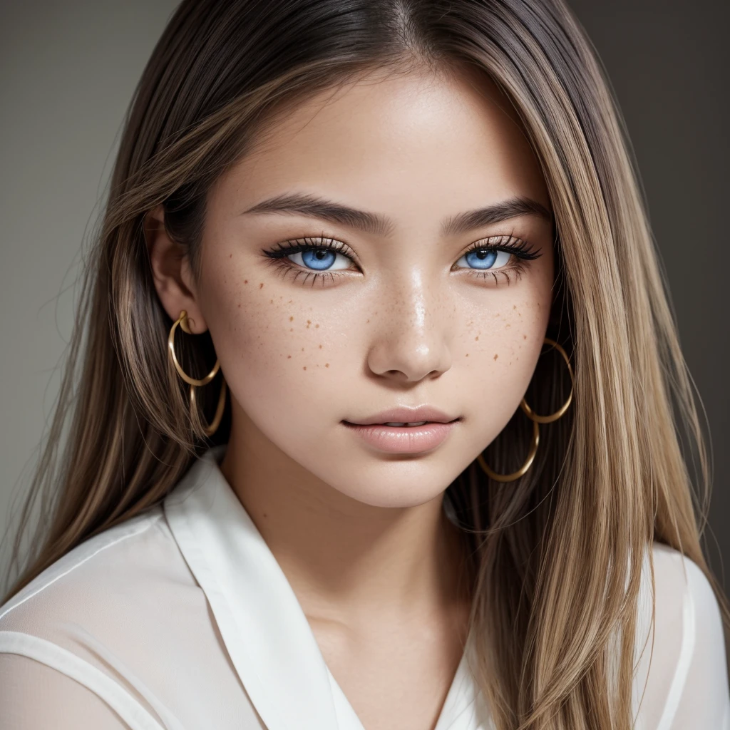A young 19-year-old woman named Lila Nakamura with a Northern European heritage. She has thick dark black eyeliner, glossy lips, and a cute, endearing expression. She has straight, blonde hair that falls just past her shoulders, styled in a neat and polished manner. Her eyes are almond-shaped with a light, striking blue color, accentuated by subtle eyeshadow and mascara. Her skin has a light tone with a natural, fresh look, and she has a few delicate freckles across her nose. She is wearing a simple, professional outfit, consisting of a white blouse and dark jeans, and accessorized with small gold hoop earrings. The background is a neutral studio setting with soft lighting to highlight her features.