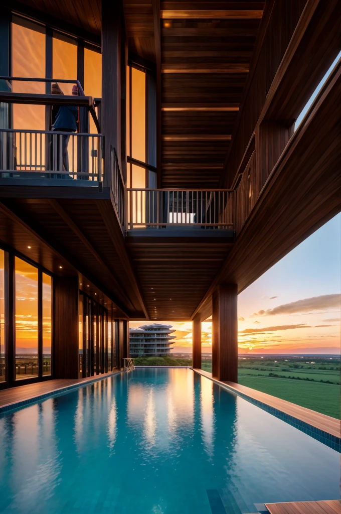 Resort with Zaha Hadid style tower with wood and metal texture, hotel with infinity pool, a twilight with sunset on the farm in high quality, cattle farm, 8k UHD