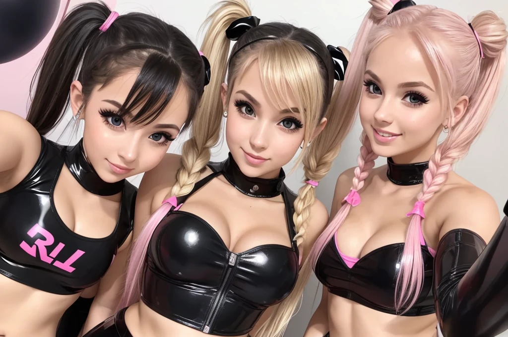 selfie of 2 girls on one, best friends having fun, Beautiful, innocent, cute, cleavage, blonde hair, tight clothes, BLACK PINK SILK mini skirt, Pigtails, ponytail, Dark eye makeup