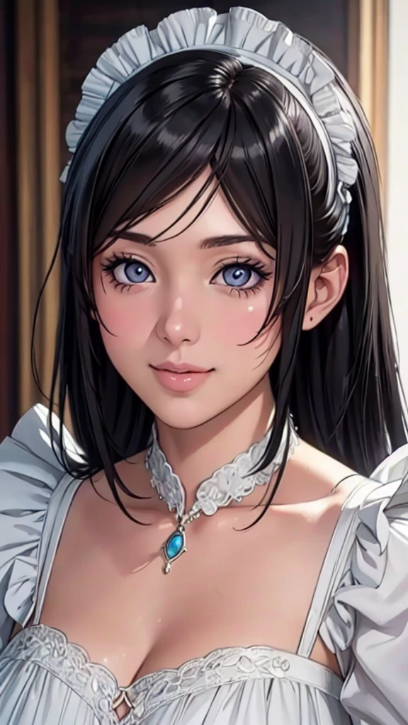 (Highest quality,4K,8K,High resolution,masterpiece:1.2),Super detailed,(Realistic,photoRealistic,photo-Realistic:1.37),Beautiful detailed portrait of a woman with big eyes, Fuller lips, Long eyelashes, Maid clothesを着て, A kind smile, Highly detailed face, Maid clothes, Intricate details, Vibrant colors, Dramatic lighting, Structure of the film, Anime-inspired art style