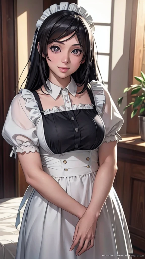 (Highest quality,4K,8K,High resolution,masterpiece:1.2),Super detailed,(Realistic,photoRealistic,photo-Realistic:1.37),Beautiful detailed portrait of a woman with big eyes, Fuller lips, Long eyelashes, Maid clothesを着て, A kind smile, Highly detailed face, Maid clothes, Intricate details, Vibrant colors, Dramatic lighting, Structure of the film, Anime-inspired art style