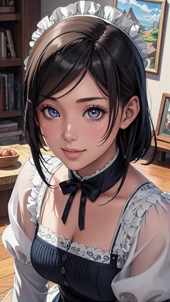 (Highest quality,4K,8K,High resolution,masterpiece:1.2),Super detailed,(Realistic,photoRealistic,photo-Realistic:1.37),Beautiful detailed portrait of a woman with big eyes, Fuller lips, Long eyelashes, Maid clothesを着て, A kind smile, Highly detailed face, Maid clothes, Intricate details, Vibrant colors, Dramatic lighting, Structure of the film, Anime-inspired art style