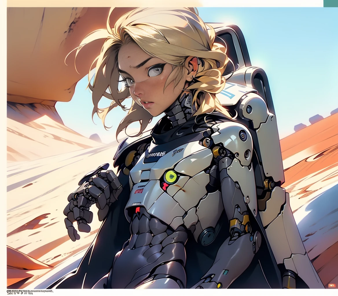 high quality, 4k, masterpiece, beautiful, cyborg girl, cowboy shot, dull eyes, back side, turning around to look at viewer, long blonde hair, girl, small breasts, fit thigh, robotic arms, robotic body, cyborg body, yellow accent, redaccent, intricate detail, joint, detailed lines, robotic detail, holding fist up, holding hand up as fist, color robotic parts, robotic parts with color, perfect fingers, on a desert planet, sunny background, colorful desert, a river in the background