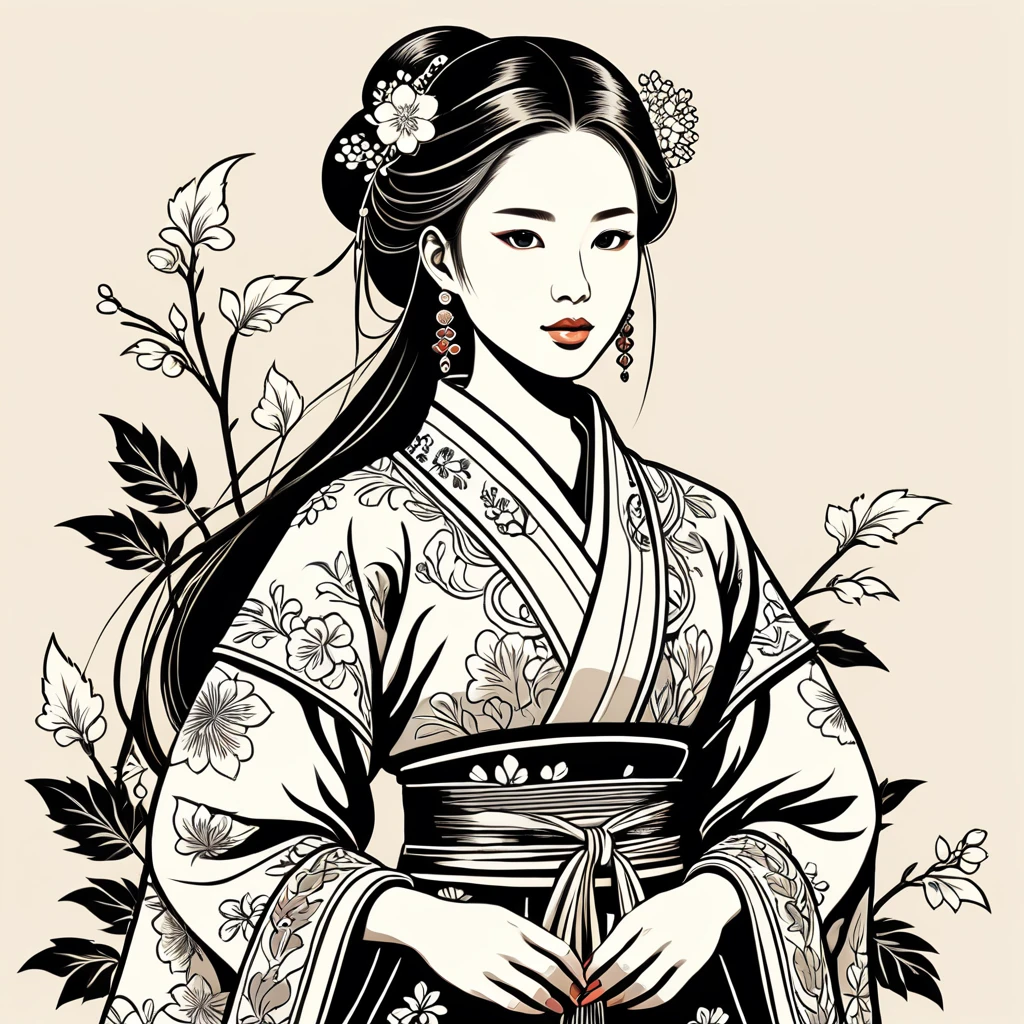japanese woman in folk outfit, vector graphics, strong contours