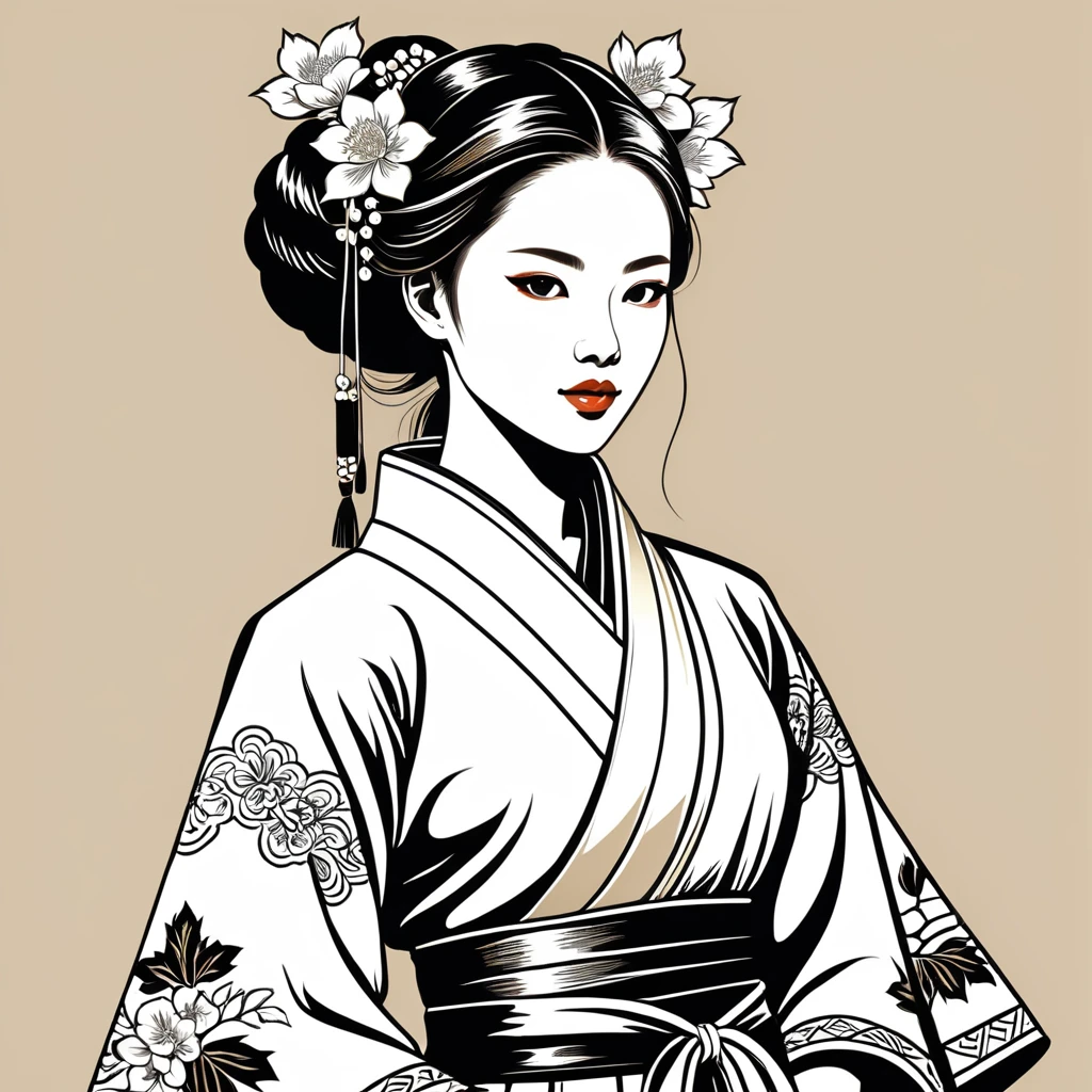 japanese woman in folk outfit, vector graphics, strong contours
