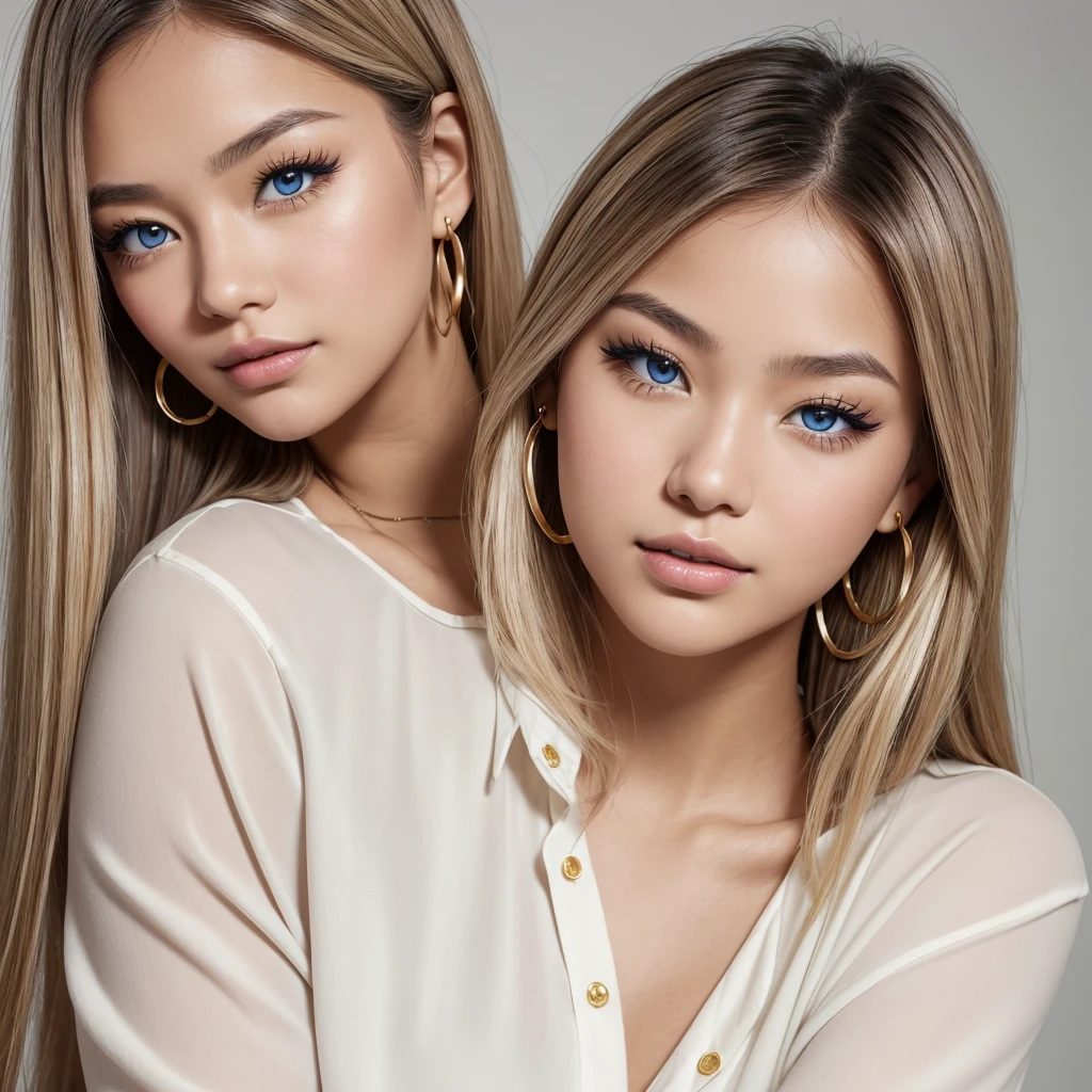 A young 19-year-old woman named Lila Nakamura with a Northern European heritage. She has thick dark black eyeliner, glossy lips, and a cute, endearing expression. She has straight, blonde hair that falls just past her shoulders, styled in a neat and polished manner. Her eyes are almond-shaped with a light, striking blue color, accentuated by subtle eyeshadow and mascara. Her skin has a light tone with a natural, fresh look. She is wearing a simple, professional outfit, consisting of a white blouse and dark jeans, and accessorized with small gold hoop earrings. The background is a neutral studio setting with soft lighting to highlight her features.