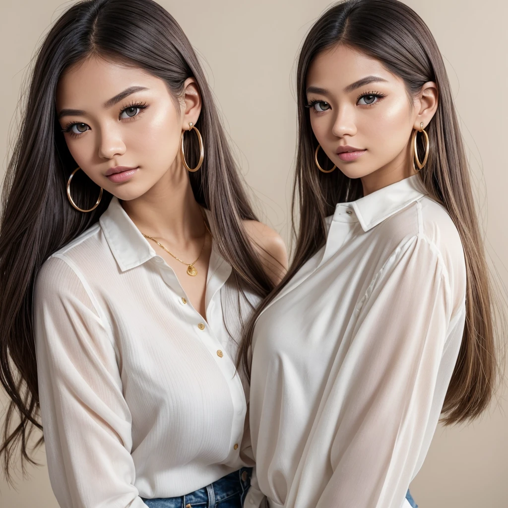 A young 19-year-old woman named Lila Nakamura with a Northern European heritage. She has thick dark black eyeliner, glossy lips, and a cute, endearing expression. She has straight, blonde hair that falls just past her shoulders, styled in a neat and polished manner. Her eyes are almond-shaped with a light, striking blue color, accentuated by subtle eyeshadow and mascara. Her skin has a light tone with a natural, fresh look. She is wearing a simple, professional outfit, consisting of a white blouse and dark jeans, and accessorized with small gold hoop earrings. The background is a neutral studio setting with soft lighting to highlight her features.