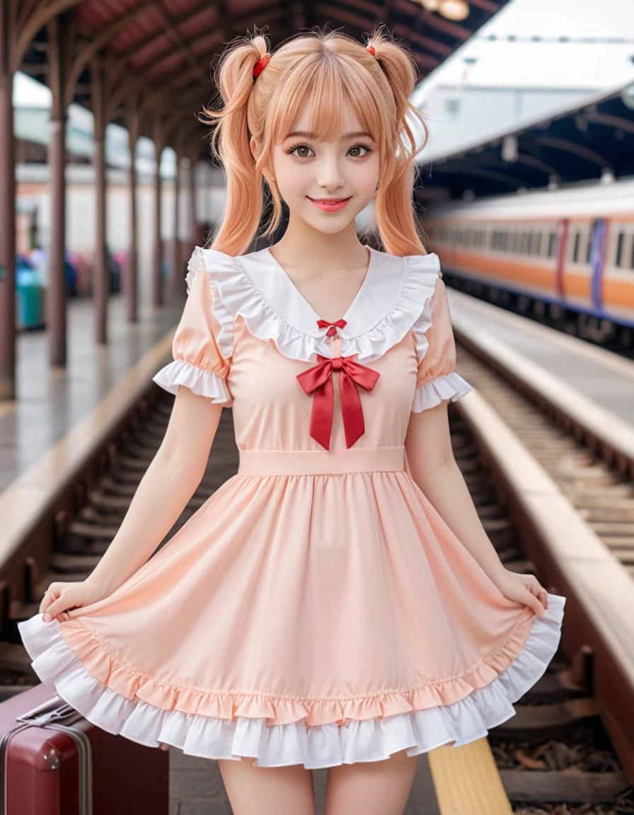 best quality, masterpiece, extremely cute and tender girl, smile, (petite:1.2), (solo:1.2), beautiful tender eyes symmetrical, (beautiful and detailed face), beautiful long twintail hair, (pastel peach hair:1.3), blunt bangs, nice hands, perfect hands, juicy fruit-inspired motif frilly dress, a lot of frills, (train station:1.2), (baggage)