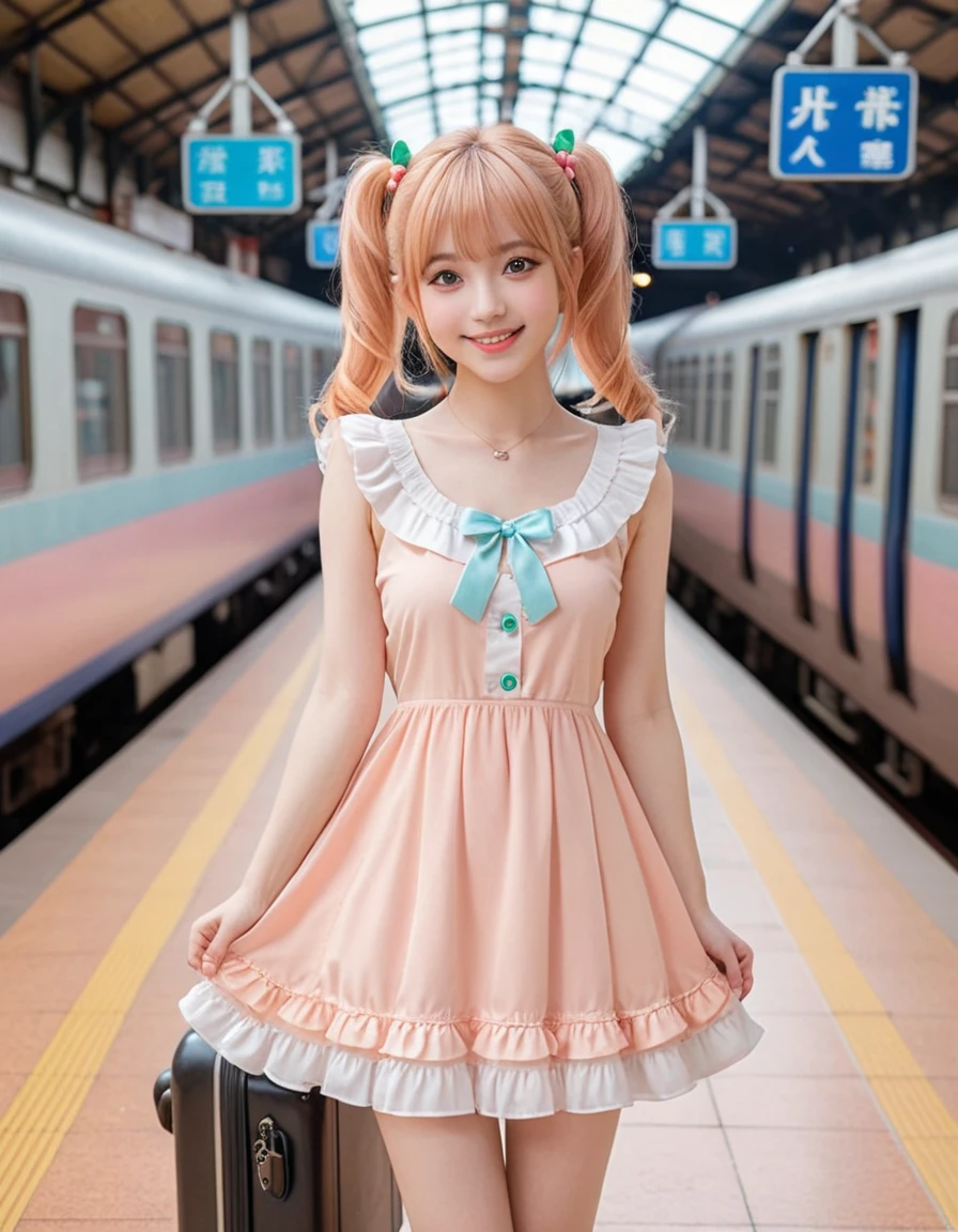 best quality, masterpiece, extremely cute and tender girl, smile, (petite:1.2), (solo:1.2), beautiful tender eyes symmetrical, (beautiful and detailed face), beautiful long twintail hair, (pastel peach hair:1.3), blunt bangs, nice hands, perfect hands, juicy fruit-inspired motif frilly dress, a lot of frills, (train station:1.2), (baggage)