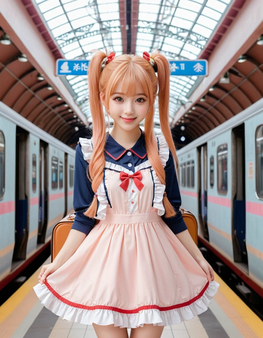 best quality, masterpiece, extremely cute and tender girl, smile, (petite:1.2), (solo:1.2), beautiful tender eyes symmetrical, (beautiful and detailed face), beautiful long twintail hair, (pastel peach hair:1.3), blunt bangs, nice hands, perfect hands, juicy fruit-inspired motif frilly dress, a lot of frills, (train station:1.2), (baggage)