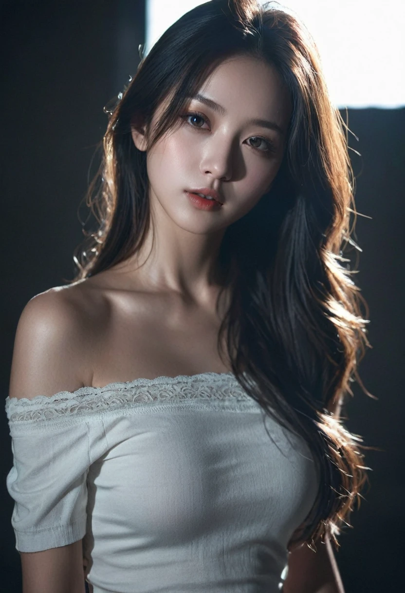best quality, masterpiece, Ultra-high resolution, (Realistic:1.5), original photo, 1 girl, Off-shoulder, in the darkness, Deep shadows, Low profile, Cold Light, sexy look, long hair,Mix Girl,Yinglaite, Half-length photo,NSFW