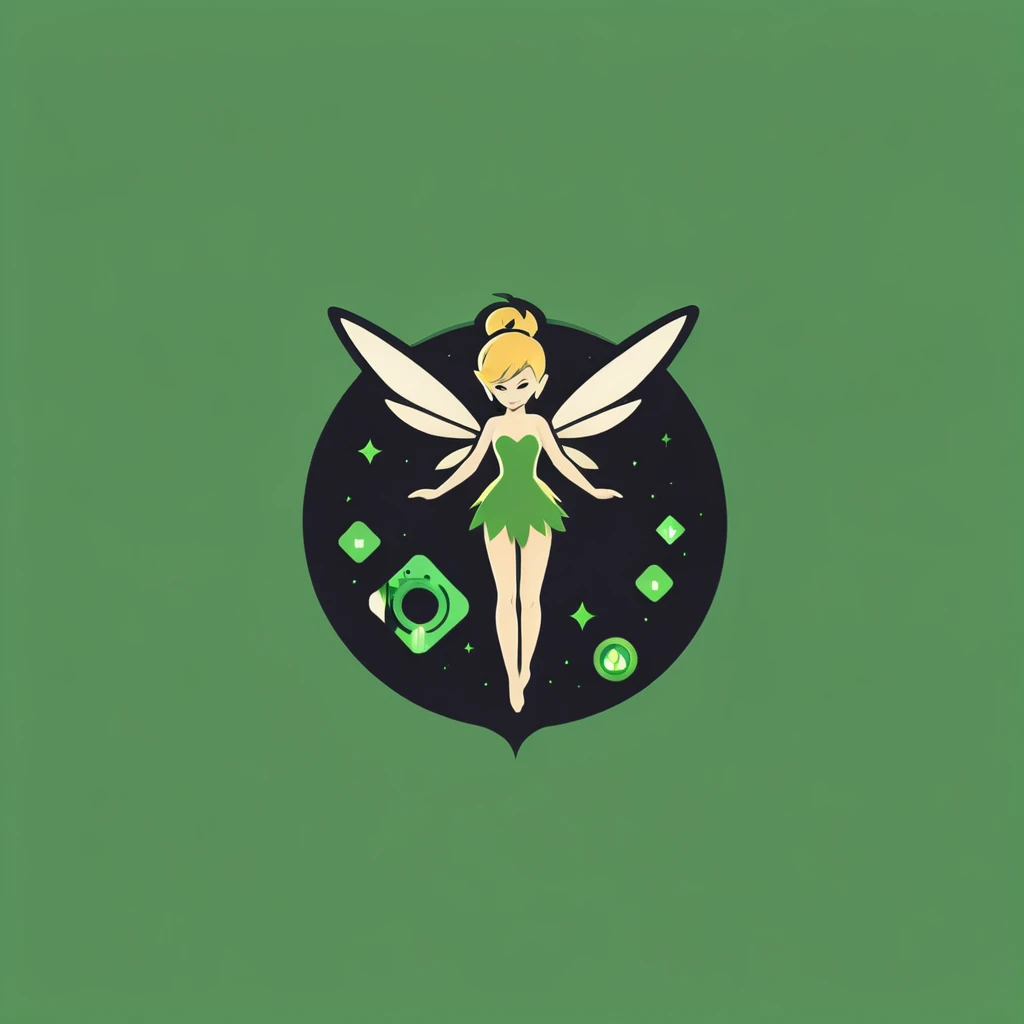 A logo for a video game company, con TinkerBell, playing videogames, minimalist, of various shades of green.