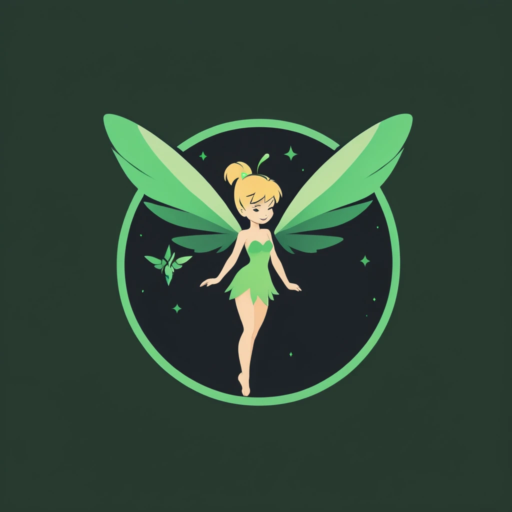A logo for a video game company, con TinkerBell, playing videogames, minimalist, of various shades of green.