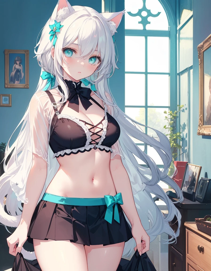 white hair, bikini and skirt, ((masterpiece, best quality:1.5)), ((Beautiful detailed cat aqua eyes:1.2)), cat ears, pale skin, medium breasts, beautiful hands, beautiful fingers, EasyNegative