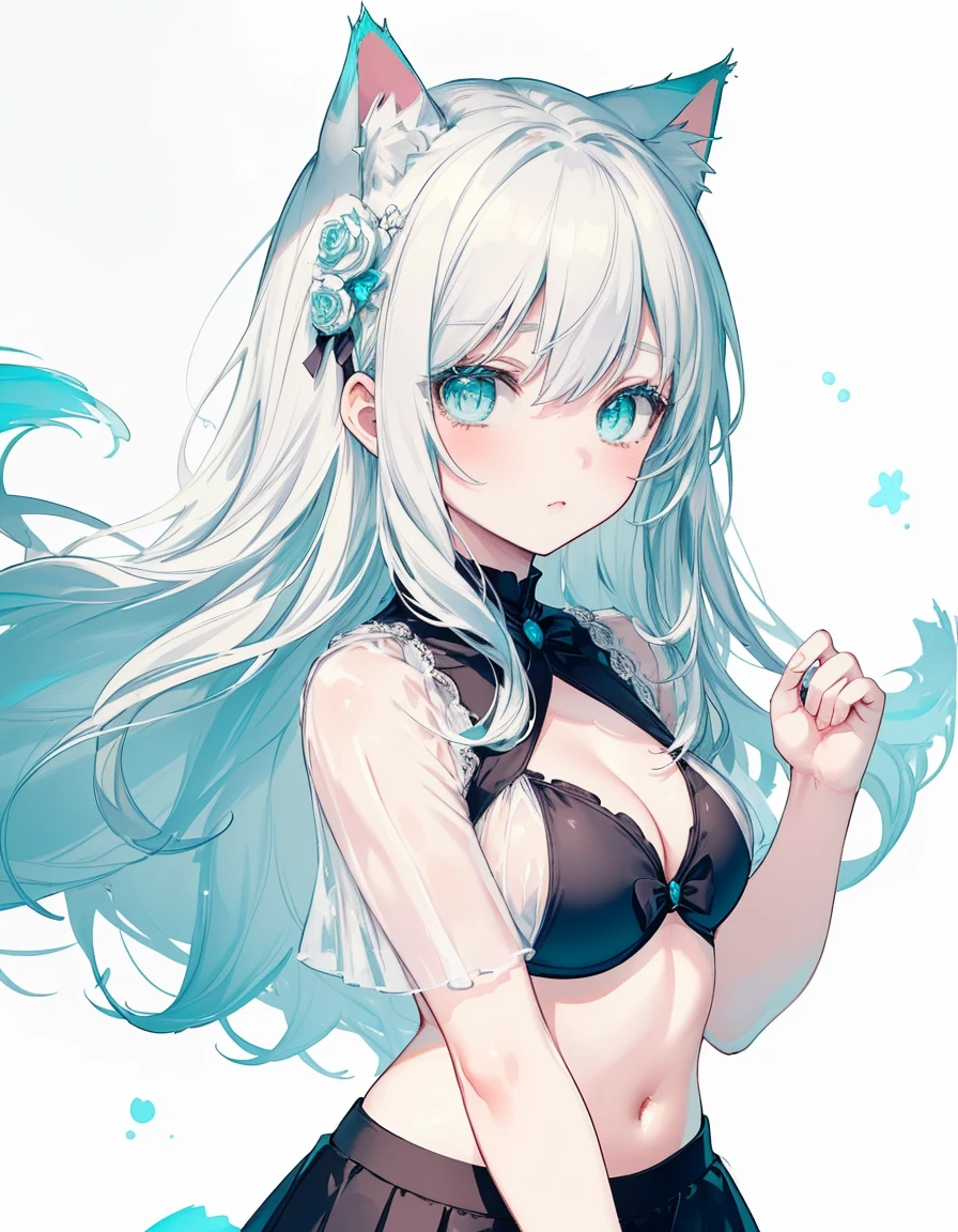 white hair, bikini and skirt, ((masterpiece, best quality:1.5)), ((Beautiful detailed cat aqua eyes:1.2)), cat ears, pale skin, medium breasts, beautiful hands, beautiful fingers, EasyNegative