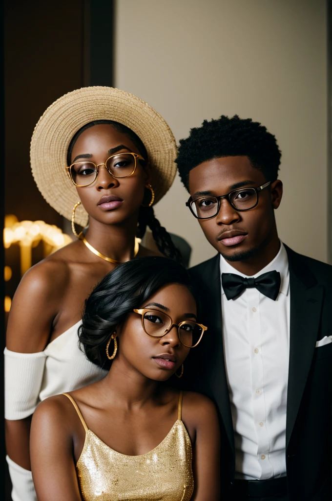 young black men and woman with gold diamonds glasses , 4:3, photo 12k resolution hash flash lighting, shot on ALEXA 65, Velvia 100 , underexposed, Voigtlnder Nokton 50mm f1.1, in the style of Martin Nikon Z 8 with Zoom Lens | with 24-120mm