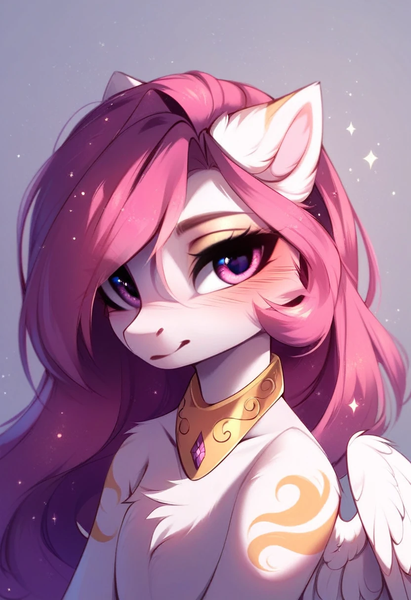 check_9, check_8_up, check_7_up, source_fluffy, rating_safe, from Magnaluna, Celestia poses seductively in a white bedroom, dark pink mane with gold stripes in it, pink eyes, white body, anthro, blushing,