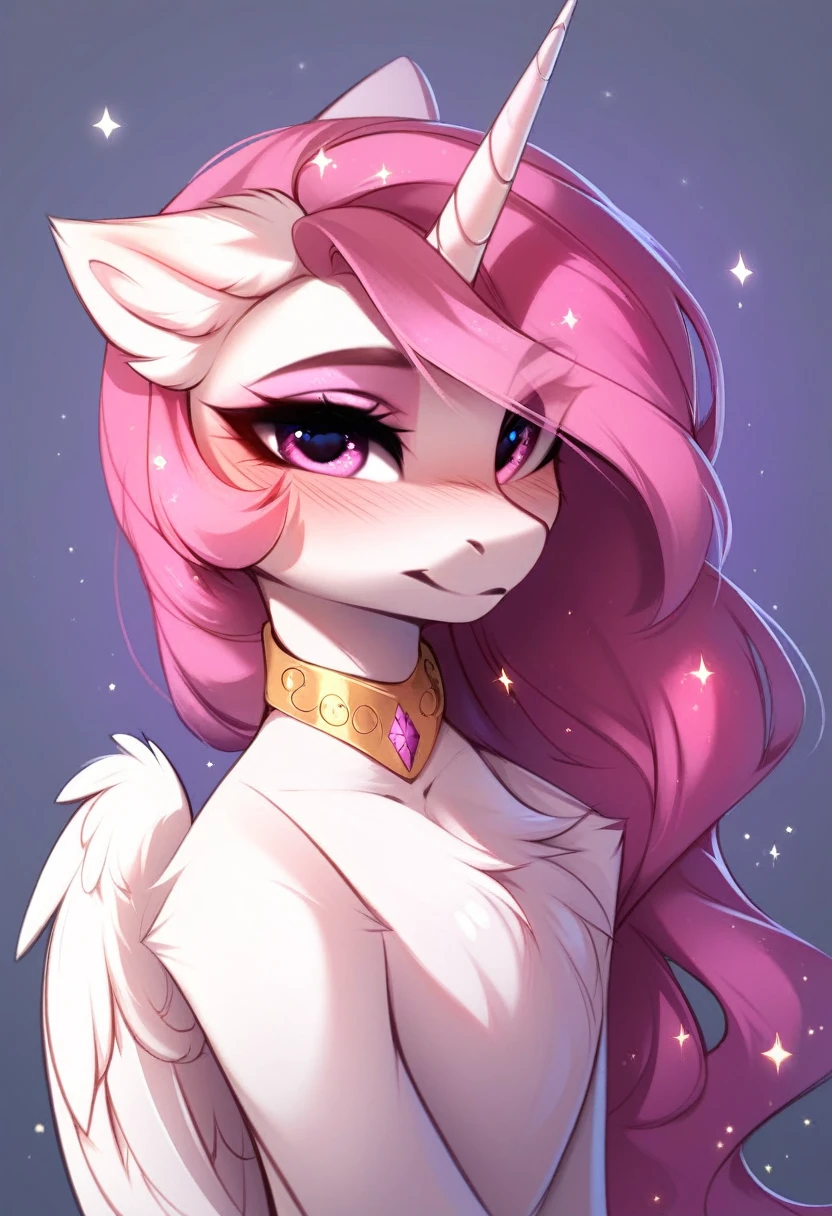 check_9, check_8_up, check_7_up, source_fluffy, rating_safe, from Magnaluna, Celestia poses seductively in a white bedroom, dark pink mane with gold stripes in it, pink eyes, white body, anthro, blushing,