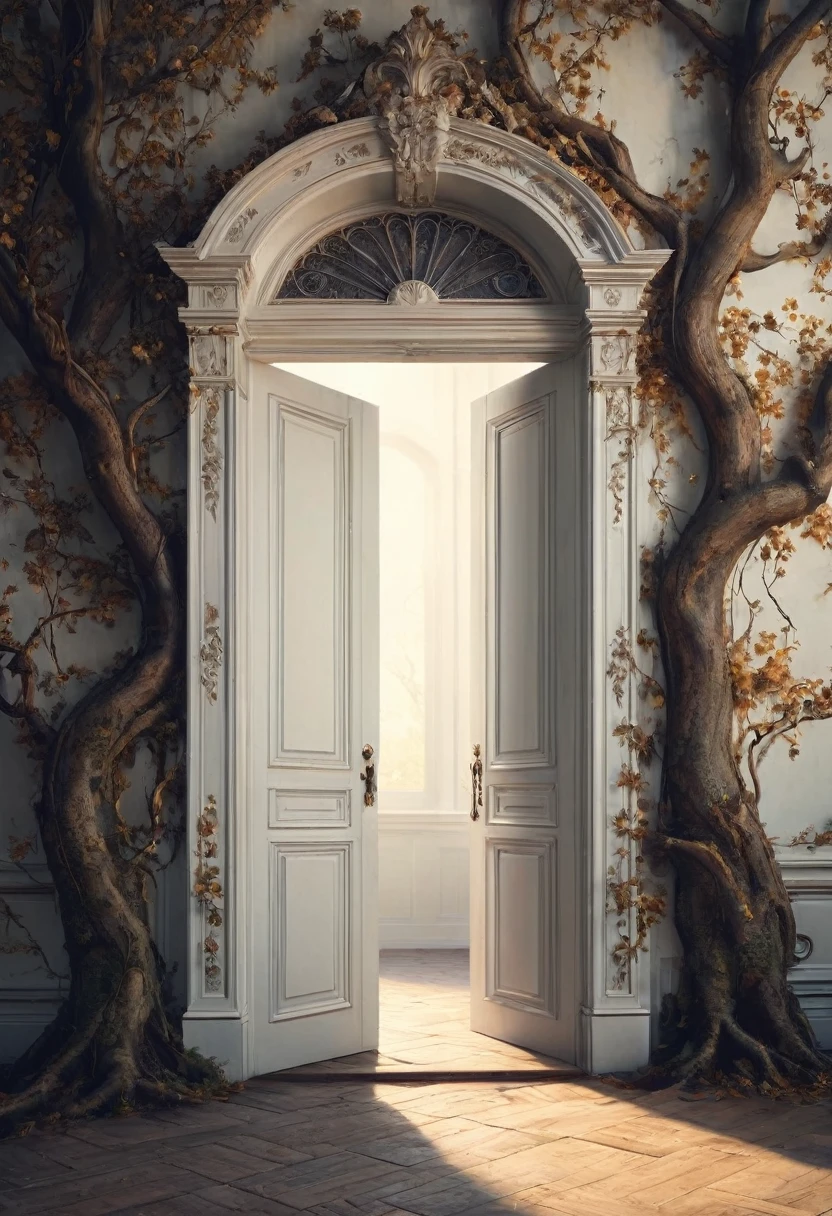 (best quality, super fine, 16k, incredibly absurdres, extremely detailed, 2.5D, delicate and dynamic, three-dimensional effect expressed by light and shade, highres, 8k, masterpiece, immersive atmosphere, film grain)
(Frontal image of a undetailed white door, white door, undetailed door, no details in the center) (Frame around the door, paintings in the wall around, details around, detailed wall, detailed environment, fine detail, optial illusion, complex, hand draw, 3D painting, reality, fantasy art, enhance, intricate, sharp, best quality, masterpiece, Representative work, official art, Professional, 8k, based on the following poem: In the trees I knead the roots and only see my parents—but barely see trees here. In the buildings, I only see the windows and am already in love with what they hide—and I only see Her. In the cars, I only see the shadow and these ghosts haunt me. On the sidewalks, I do not see the viable paths you saw when we were together. And yes, in my house, I no longer see you, I do not dream much. In my hand, I do not see yours and I am already unique. In these fingerprints, I only see the typing touching the world. That I only see another randomly the same first moment—and second, and second, and minute, and I pray, and hour, and delay, night falls, day, and without a sister in the family, I am, week, at my mercy, nothing is mine, month, without a master, semester, without a plan, year, year and a half, without a middle, only an instant... and quickly I descend to the decade. In decadence, I soon reach the decade, and so soon I am already twenty years old...)
