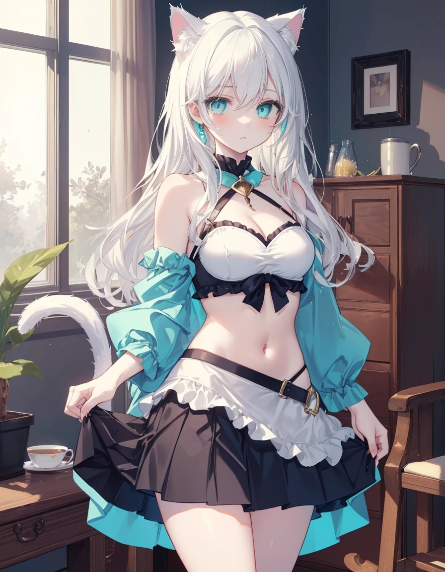 white hair, bikini and skirt, ((masterpiece, best quality:1.5)), ((Beautiful detailed cat aqua eyes:1.2)), cat ears, pale skin, medium breasts, beautiful hands, beautiful fingers, EasyNegative