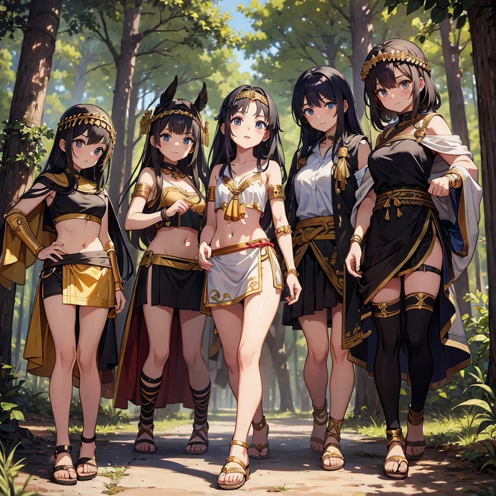 young greek warriors girls in togas , only girls , forest in the background , sandals , sexy