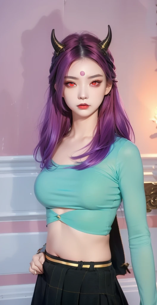 a close up of a woman with horns and a purple hair, (red eyes:1.5) , dark piercing eyes, devious evil expression, character close up, piercing gaze, ( ( deep black eyes ) ), cat - like scarlet eyes, cruel korean goth girl, with long hair and piercing eyes, close up character, glowing ember eyes, character close-up