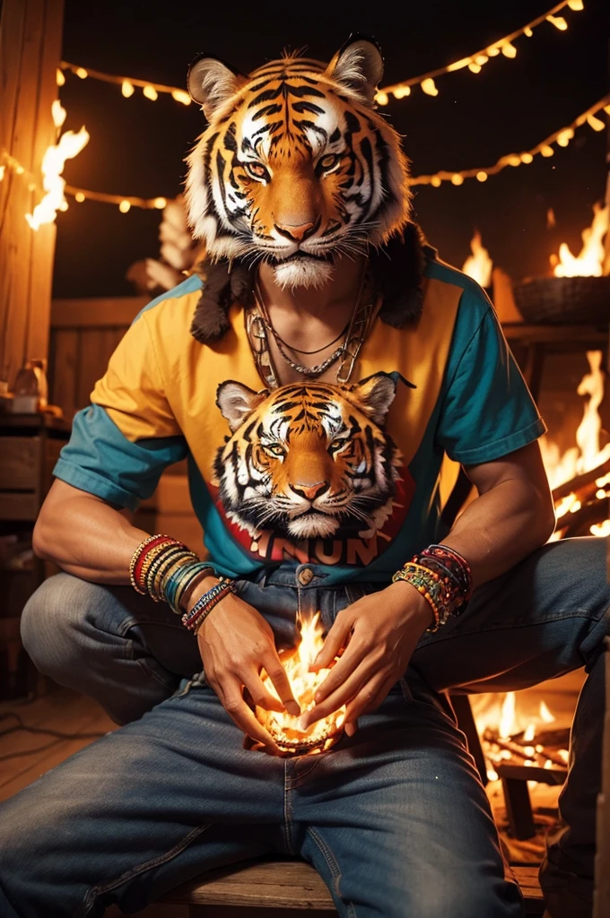 Image of a bonfire with a man with a tiger head and many colorful bracelets on his arms, wearing jeans cause, wearing no shirt, DANCING HAPPY