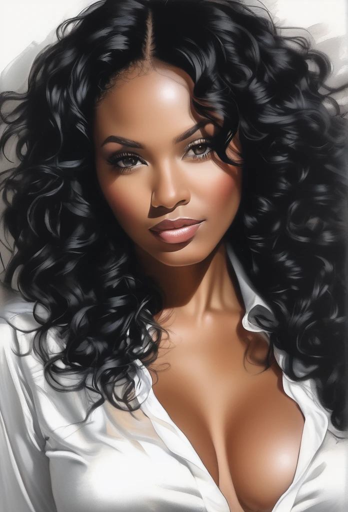 (Ebony model)drawing of the face of a 35 year old woman,long curly black hair,big breasts,exposed cleavage,white satin shirt