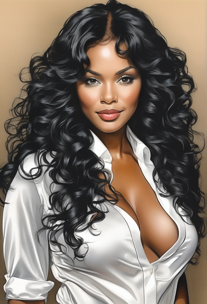 (Ebony model)drawing of the face of a 35 year old woman,long curly black hair,big breasts,exposed cleavage,white satin shirt