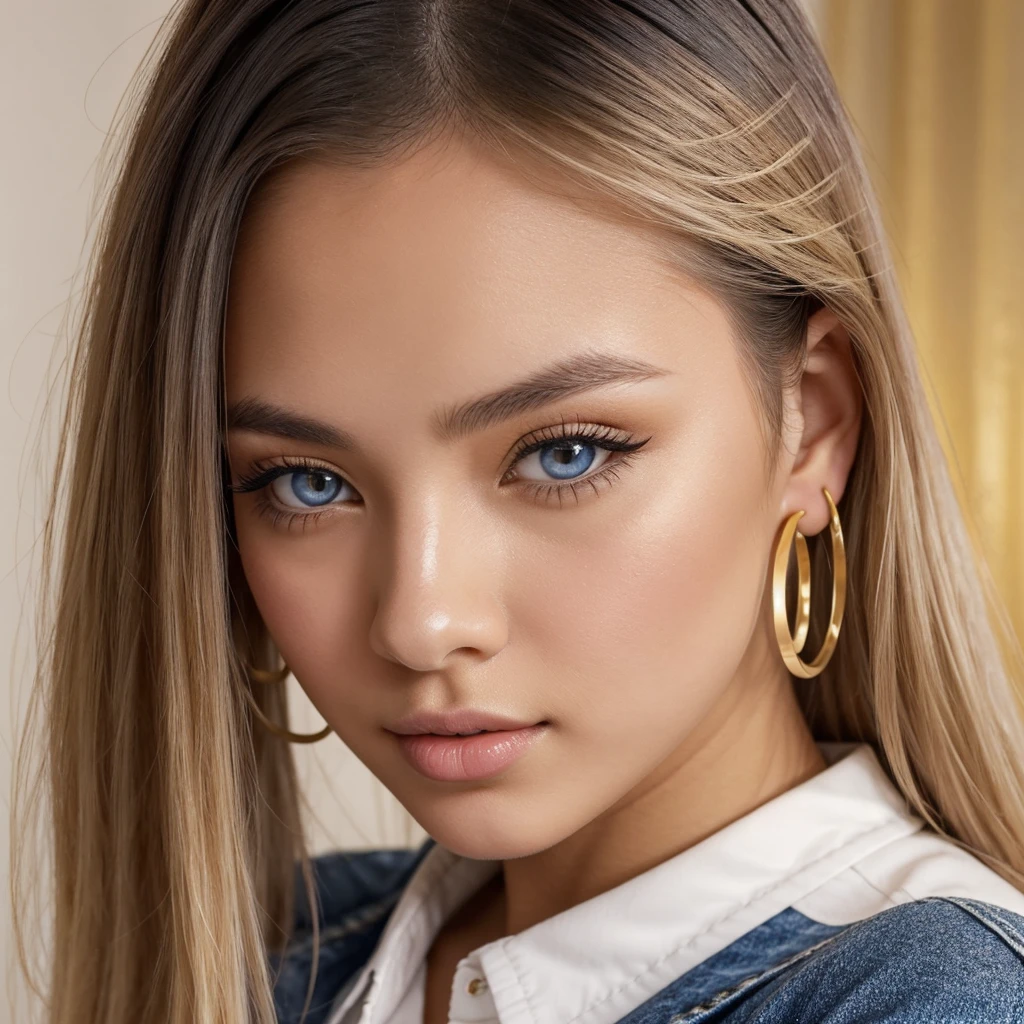 A young 19-year-old woman named Lila Nakamura with a Northern European heritage. She has thick dark black eyeliner, glossy lips, and a cute, endearing expression. She has straight, blonde hair that falls just past her shoulders, styled in a neat and polished manner. Her eyes are almond-shaped with a light, striking blue color, accentuated by subtle eyeshadow and mascara. Her skin has a light tone with a natural, fresh look. She is wearing a simple, professional outfit, consisting of a white blouse and dark jeans, and accessorized with small gold hoop earrings. The background is a neutral studio setting with soft lighting to highlight her features.
