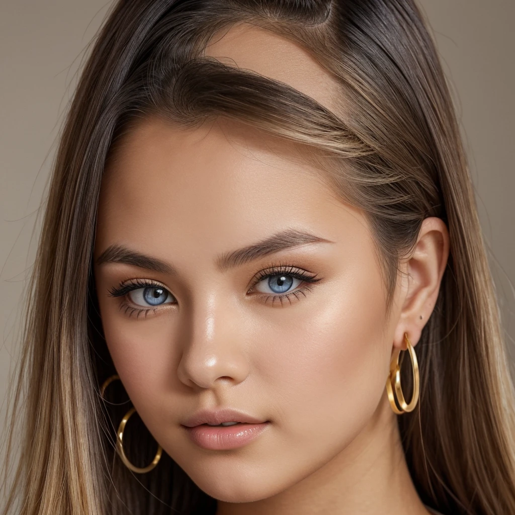 A young 19-year-old woman named Lila Nakamura with a Northern European heritage. She has thick dark black eyeliner, glossy lips, and a cute, endearing expression. She has straight, blonde hair that falls just past her shoulders, styled in a neat and polished manner. Her eyes are almond-shaped with a light, striking blue color, accentuated by subtle eyeshadow and mascara. Her skin has a light tone with a natural, fresh look. She is wearing a simple, professional outfit, consisting of a white blouse and dark jeans, and accessorized with small gold hoop earrings. The background is a neutral studio setting with soft lighting to highlight her features.
