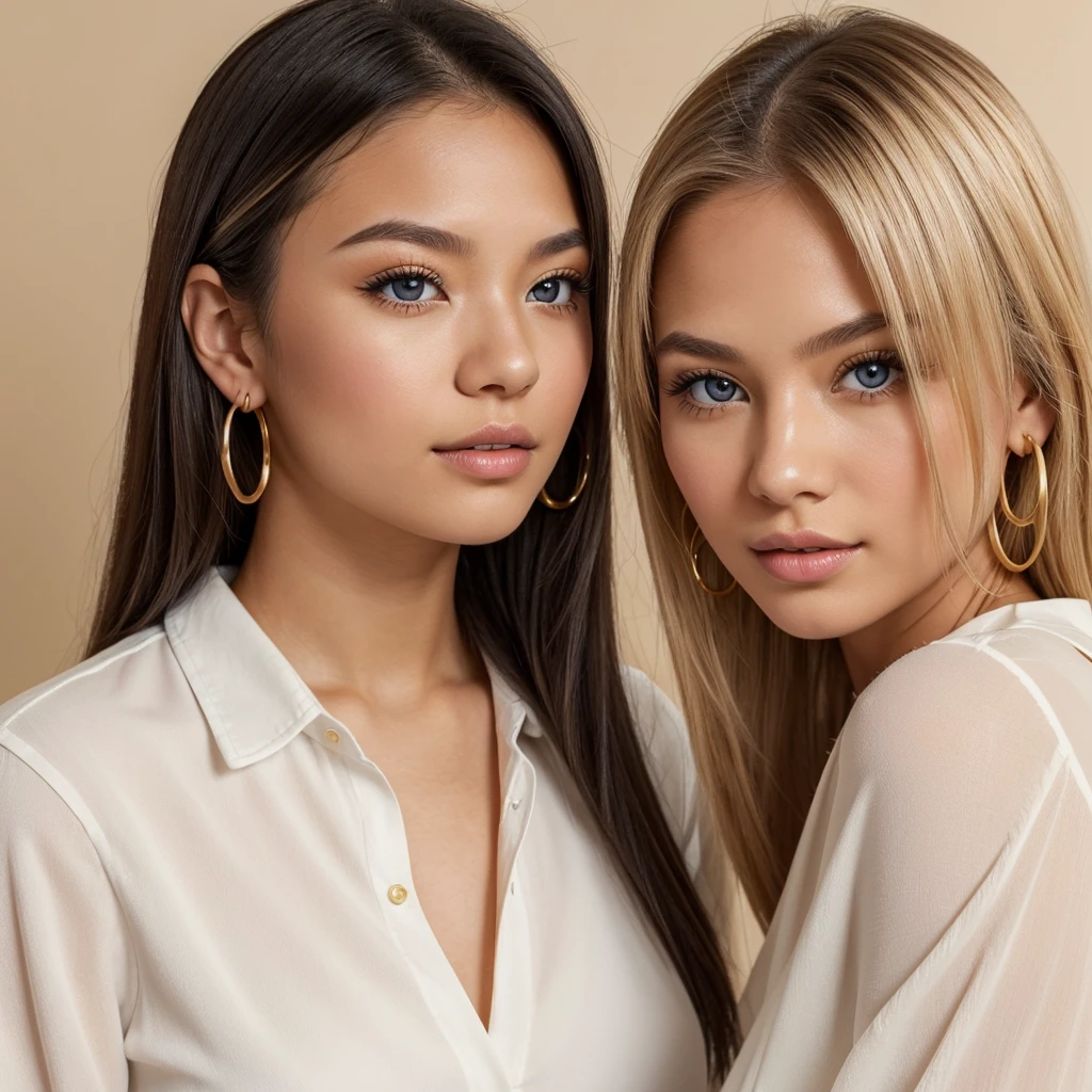 A young 19-year-old woman named Lila Nakamura with a Northern European heritage. She has thick dark black eyeliner, glossy lips, and a cute, endearing expression. She has straight, blonde hair that falls just past her shoulders, styled in a neat and polished manner. Her eyes are almond-shaped with a light, striking blue color, accentuated by subtle eyeshadow and mascara. Her skin has a light tone with a natural, fresh look. She is wearing a simple, professional outfit, consisting of a white blouse and dark jeans, and accessorized with small gold hoop earrings. The background is a neutral studio setting with soft lighting to highlight her features.
