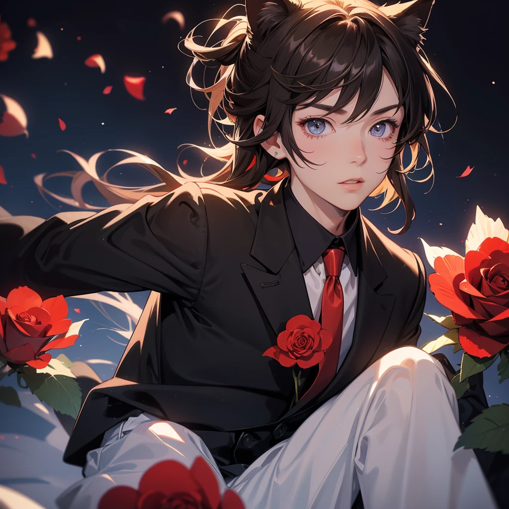 Create a close-up profile picture of an anime boy with cat ears. He should have brown hair and be dressed in a black shirt, a black blazer, and a red tie. The background should be filled with red roses.