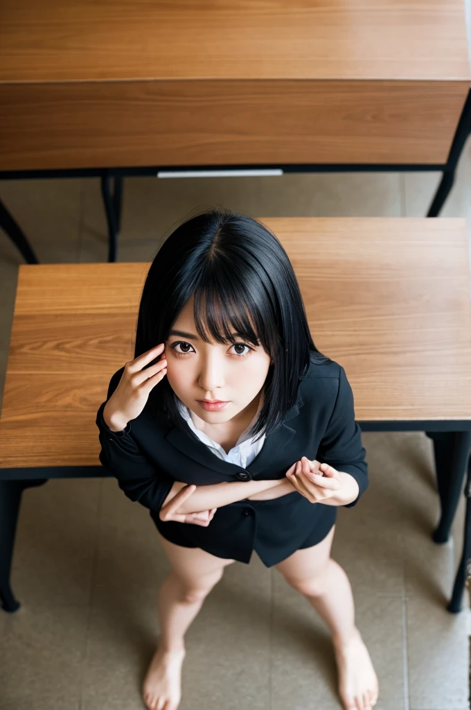 black hair, female teacher, Looking from above, ローアングル, black hair, black hair, black hair, Surrealism, Surrealism, feet out of frame, feet out of frame, 8k, super detail