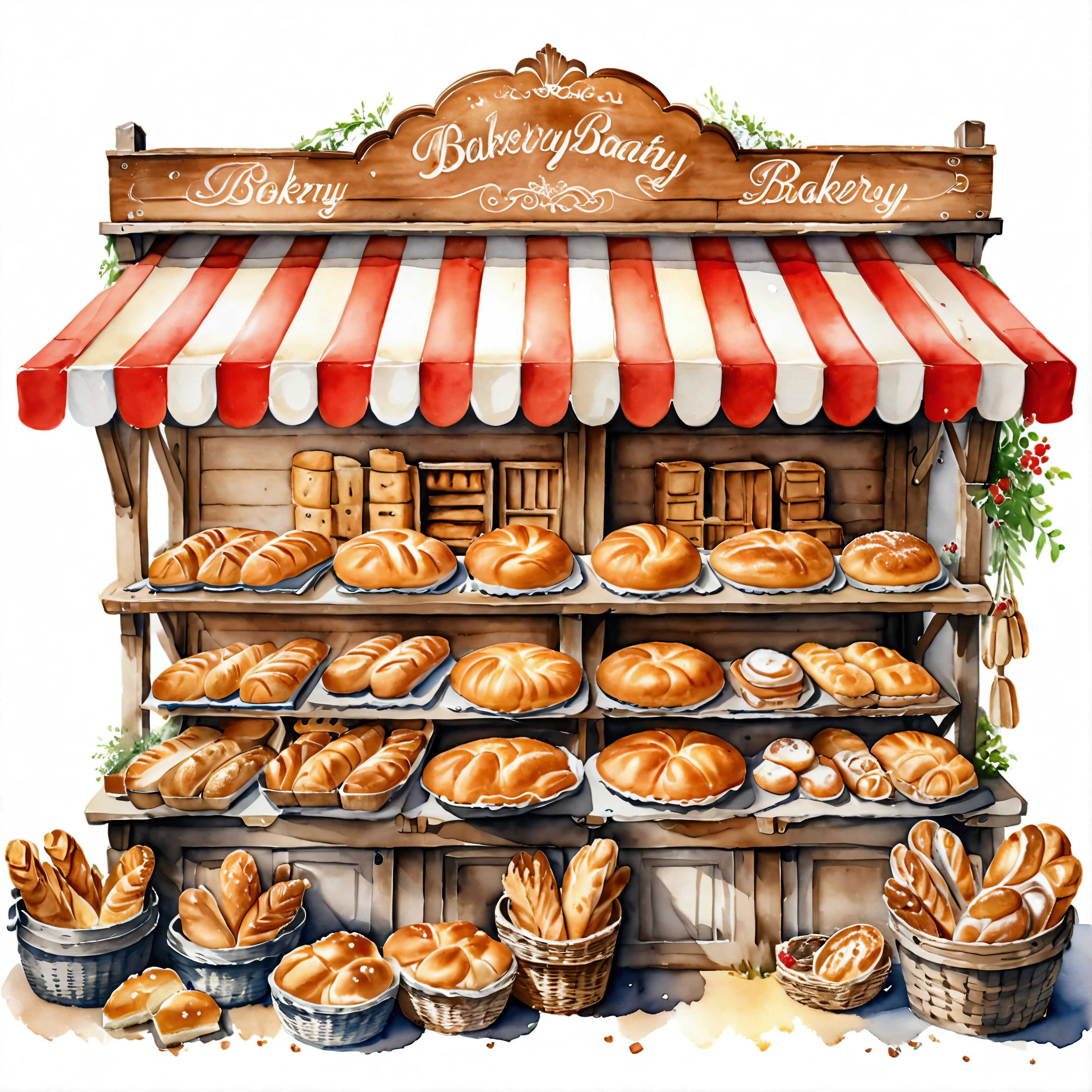 Traditional wooden bakery food stall, many type full of bread, cake, illustration, baking ingredients, isolated with solid white background, surrounded with negative space, centered composition, 8k, highest detailed painting, very precise painting, Isolated, clear solid white background, perspective angle of view, cartoon style, ((watercolor:1)), clip art, (lora:add-detail-xl:1), (masterpiece), (best quality),