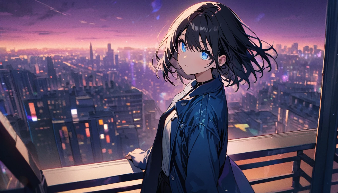 1girl, solo, blue eyes, (detailed eyes), flat chest, blue eyes, (detailed eyes), short hair, black hair, Wallpaper pictures of cool girls : Beautiful modern girl in a blue coat Wear sunglasses Behind is the cityscape in the evening. There are twinkling lights of the city amidst the blue, blue, and purple sky. Cool girls stand on high balconies or bridges. Looking out at the city with a confident and calm expression. The colors of the picture emphasize the dramatic tone.