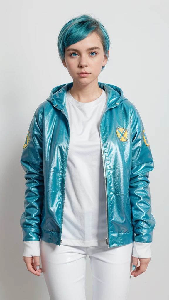 1 girl, Alone, White background, Wattson, Masterpiece, Very detailed, Blue eyes, by rubio, short hair, Fluorine green jacket, rubber glitter, white rubber suit, Yellow skate shoes, white pants, blush, plain background