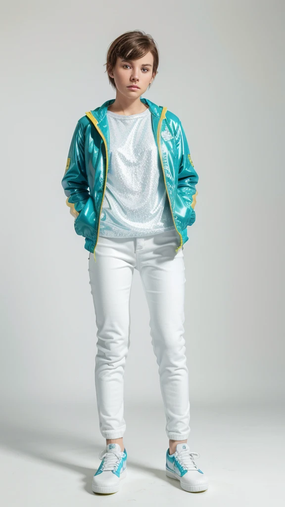 1 girl, Alone, White background,   Wattson, Masterpiece, Very detailed, Blue eyes, by rubio, short hair, Fluorine green jacket, rubber glitter, white rubber suit, Yellow skate shoes,  white pants, blush, plain background