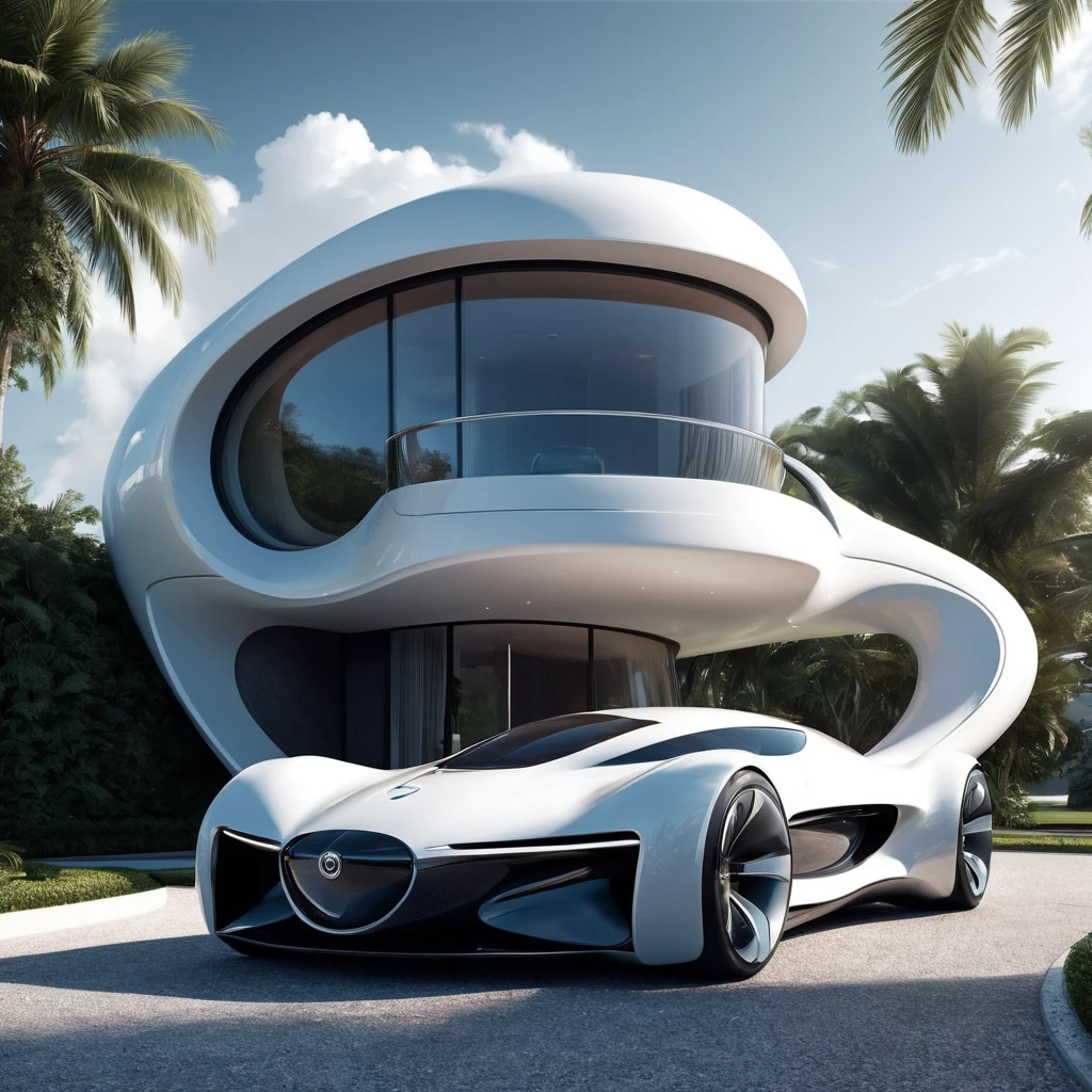 a futuristic house with a car parked in front of it, cgsocietywlop, beautiful curves, intricate devilish designs, qualia, interesting shapes & form, wow factor, elaborate polished, architectural rendering, miami, futuristic battlefield, inspired by James E. Brewton, precise architectural rendering