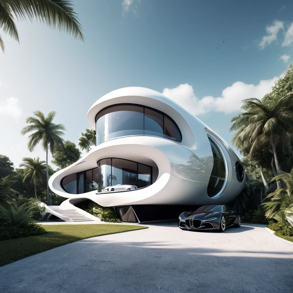 a futuristic house with a car parked in front of it, cgsocietywlop, beautiful curves, intricate devilish designs, qualia, interesting shapes & form, wow factor, elaborate polished, architectural rendering, miami, futuristic battlefield, inspired by James E. Brewton, precise architectural rendering