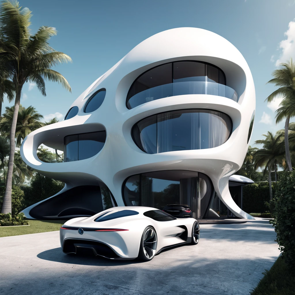 a futuristic house with a car parked in front of it, cgsocietywlop, beautiful curves, intricate devilish designs, qualia, interesting shapes & form, wow factor, elaborate polished, architectural rendering, miami, futuristic battlefield, inspired by James E. Brewton, precise architectural rendering