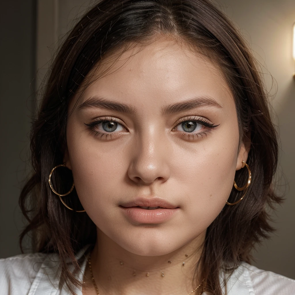 A young 19-year-old woman named Lila Nakamura with a Northern European heritage. She has thick dark black eyeliner, glossy lips, and a cute, endearing expression. She has straight, blonde hair that falls just past her shoulders, styled in a neat and polished manner. Her eyes are almond-shaped with a light, striking blue color, accentuated by subtle eyeshadow and mascara. Her skin has a light tone with a natural, fresh look. She is wearing a simple, professional outfit, consisting of a white blouse and dark jeans, and accessorized with small gold hoop earrings. The background is a neutral studio setting with soft lighting to highlight her features.
