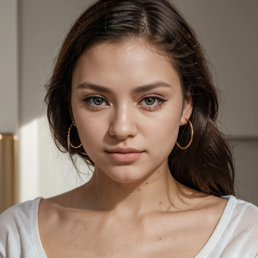 A young 19-year-old woman named Lila Nakamura with a Northern European heritage. She has thick dark black eyeliner, glossy lips, and a cute, endearing expression. She has straight, blonde hair that falls just past her shoulders, styled in a neat and polished manner. Her eyes are almond-shaped with a light, striking blue color, accentuated by subtle eyeshadow and mascara. Her skin has a light tone with a natural, fresh look. She is wearing a simple, professional outfit, consisting of a white blouse and dark jeans, and accessorized with small gold hoop earrings. The background is a neutral studio setting with soft lighting to highlight her features.