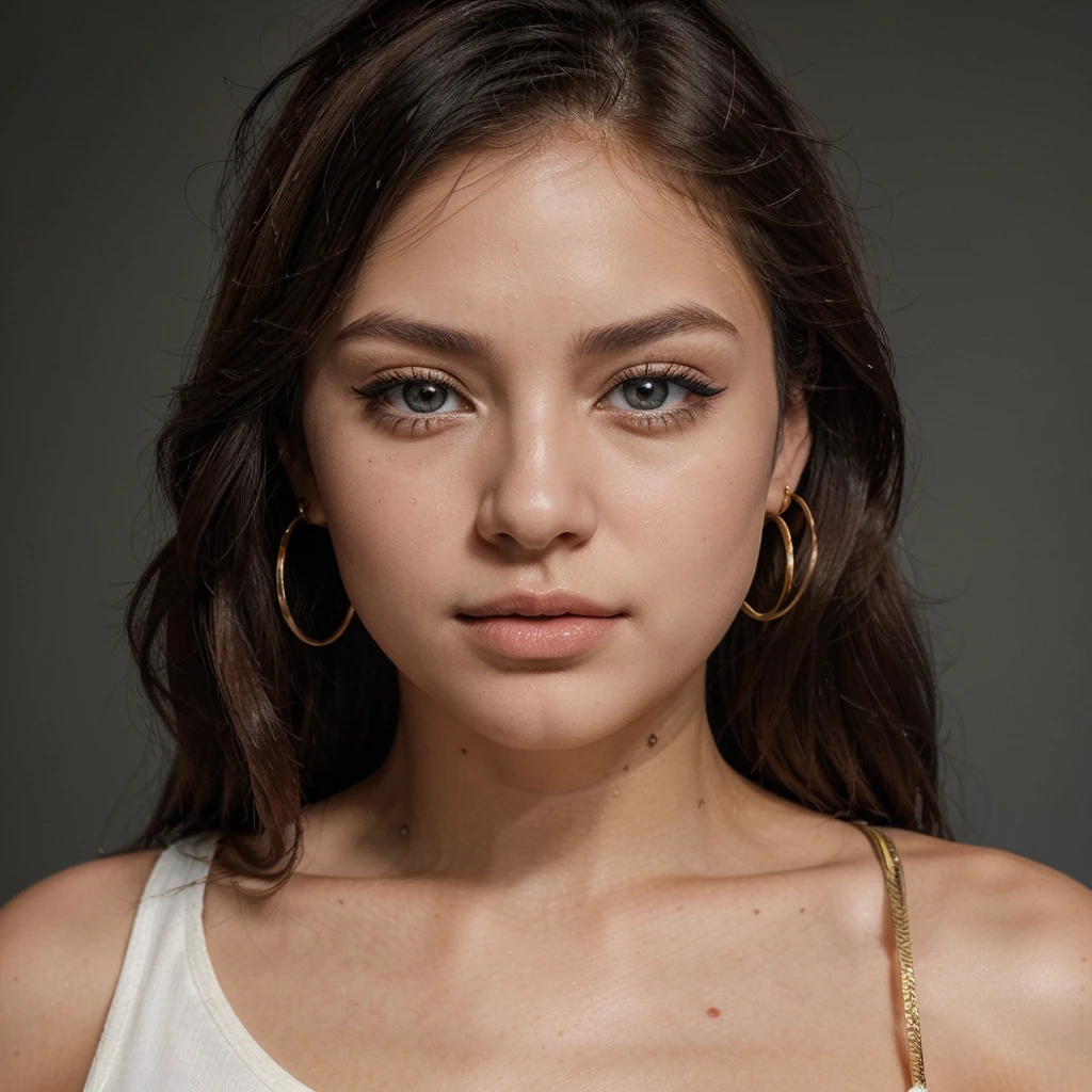 A young 19-year-old woman named Lila Nakamura with a Northern European heritage. She has thick dark black eyeliner, glossy lips, and a cute, endearing expression. She has straight, blonde hair that falls just past her shoulders, styled in a neat and polished manner. Her eyes are almond-shaped with a light, striking blue color, accentuated by subtle eyeshadow and mascara. Her skin has a light tone with a natural, fresh look. She is wearing a simple, professional outfit, consisting of a white blouse and dark jeans, and accessorized with small gold hoop earrings. The background is a neutral studio setting with soft lighting to highlight her features.
